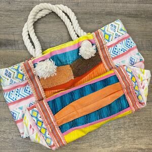 Large Beach Bag Colorful Beaded Geometric Ikat Print Bohemian Embroidered